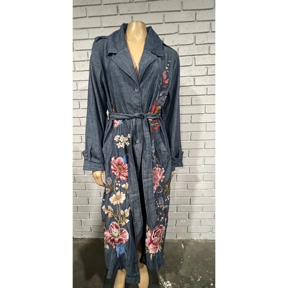Johnny Was Blue Chambray Floral Embroidered Maxi Trench Duster Coat Boho NWT L